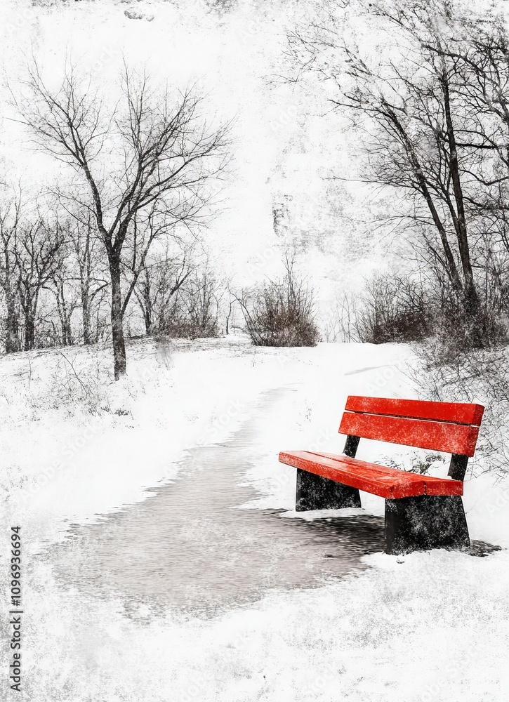 Snowy Scene with Red Bench in Park, Monochrome Winter Landscape. AI generated illustration Snowy Scene with Red Bench in Park, Monochrome Winter Landscape. AI generated illustration