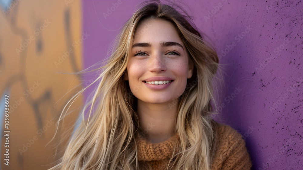 A carefree expression framed by golden locks and a vibrant background, radiating effortless charm and positivity A carefree expression framed by golden locks and a vibrant background, radiating effortless charm and positivity