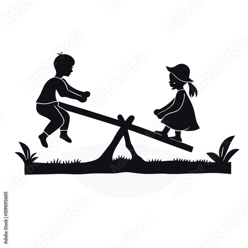 a minimalist vector silhouette of two children playing on a seesaw