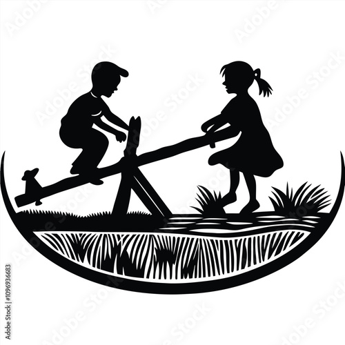 a minimalist vector silhouette of two children playing on a seesaw