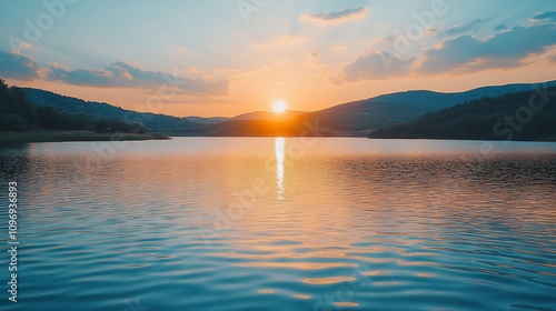 Serene sunset over calm lake and mountains.