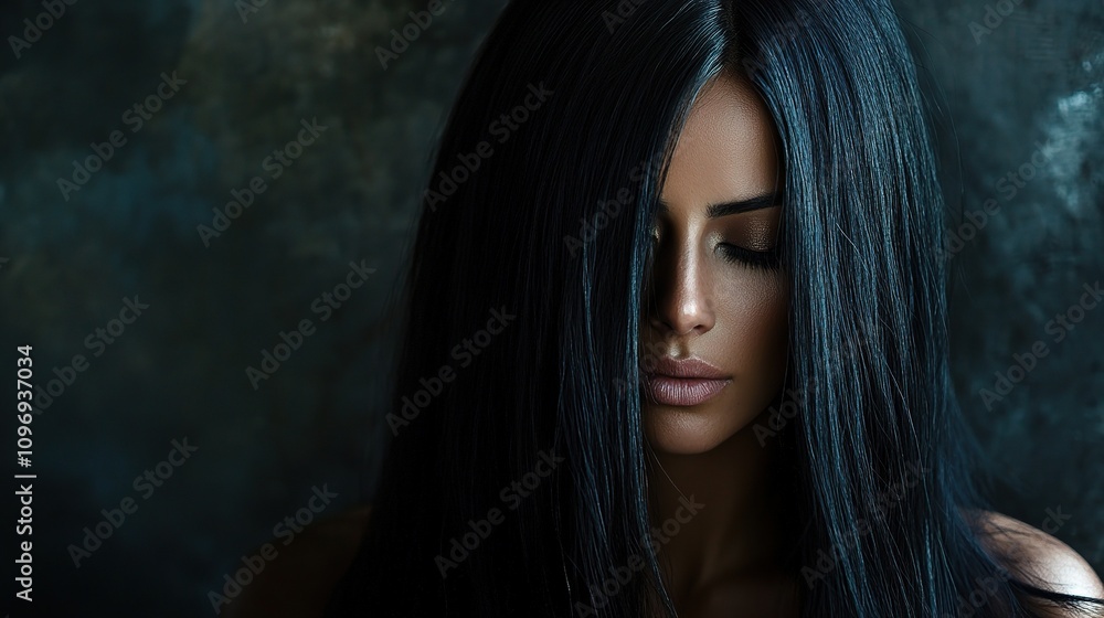Beautiful Woman with Long Straight Black Hair Against Dark Background Beautiful Woman with Long Straight Black Hair Against Dark Background