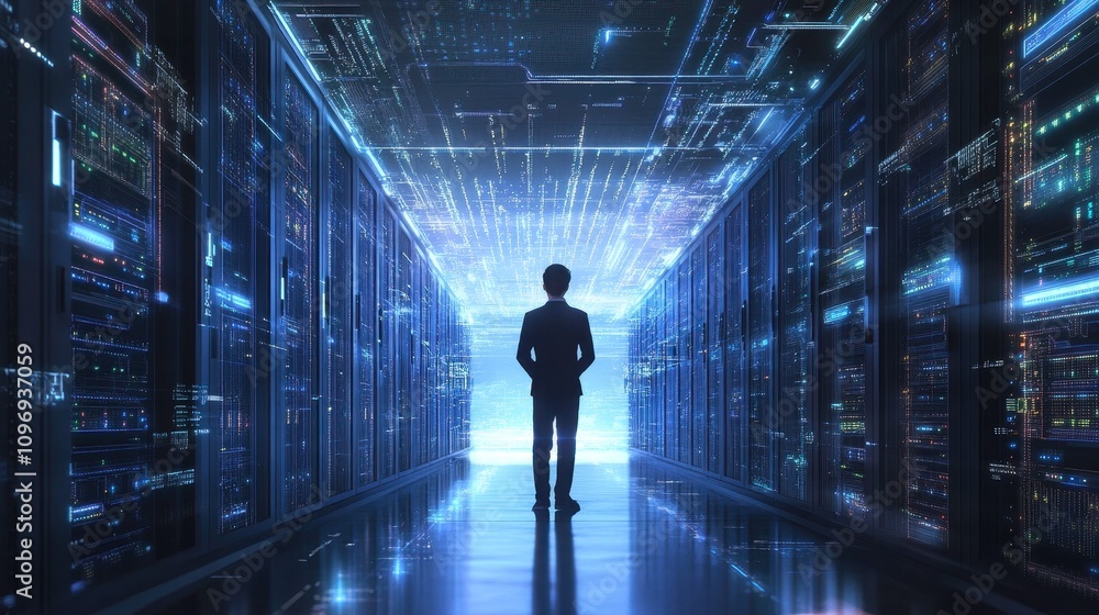 Futuristic Data Center with Silhouette of Business Person Futuristic Data Center with Silhouette of Business Person