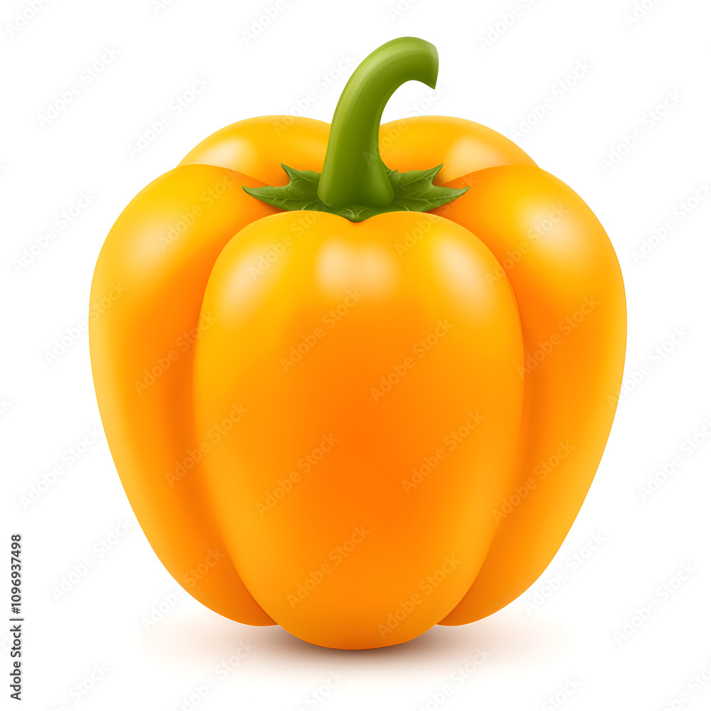 Bright yellow bell pepper with smooth skin and green stem on a white background Bright yellow bell pepper with smooth skin and green stem on a white background