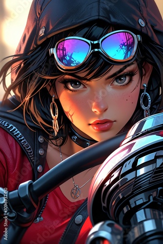 Stylish Woman Motorcyclist  Futuristic Motorcycle  Cyberpunk Girl photo