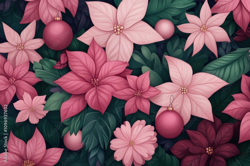 Fototapeta premium Vibrant floral pattern featuring pink poinsettias and ornaments