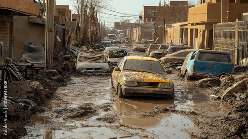 A mud-covered street with abandoned cars and debris after floodwaters receded photo