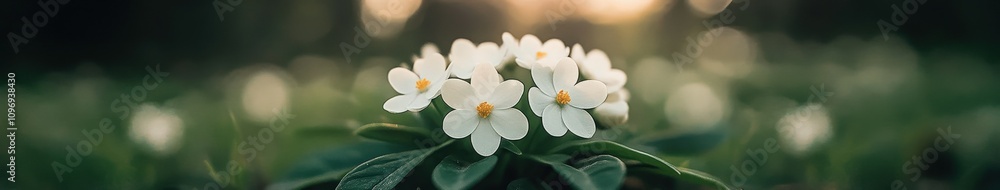 White flowers bloom in soft morning sunlight against a green backdrop White flowers bloom in soft morning sunlight against a green backdrop