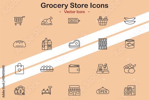Icons representing grocery shopping and food themes in vector style
