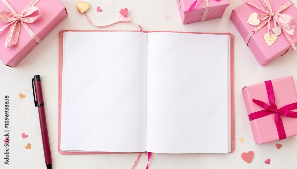 A vibrant flat lay showcases a blank notebook and a pen, surrounded by charming pink gift boxes and heart decorations, inviting joyful planning for Galentine's Day A vibrant flat lay showcases a blank notebook and a pen, surrounded by charming pink gift boxes and heart decorations, inviting joyful planning for Galentine's Day