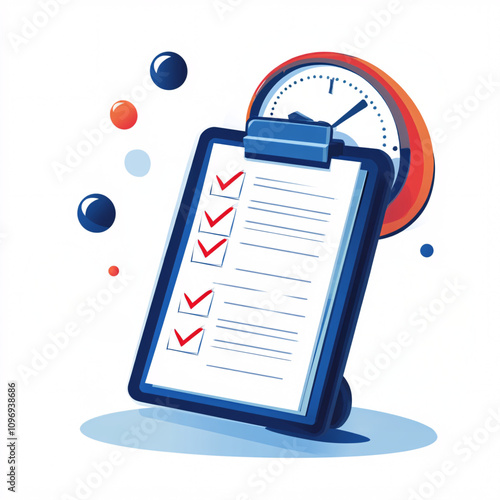 Illustration of a Clipboard with Checklist and Stopwatch Representing Time Management, Productivity, and Task Completion