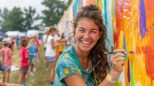 Happy young woman painting vibrant mural with children.