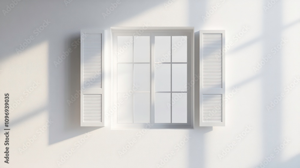 A window with white shutters open to reveal sunlight streaming in. A window with white shutters open to reveal sunlight streaming in.