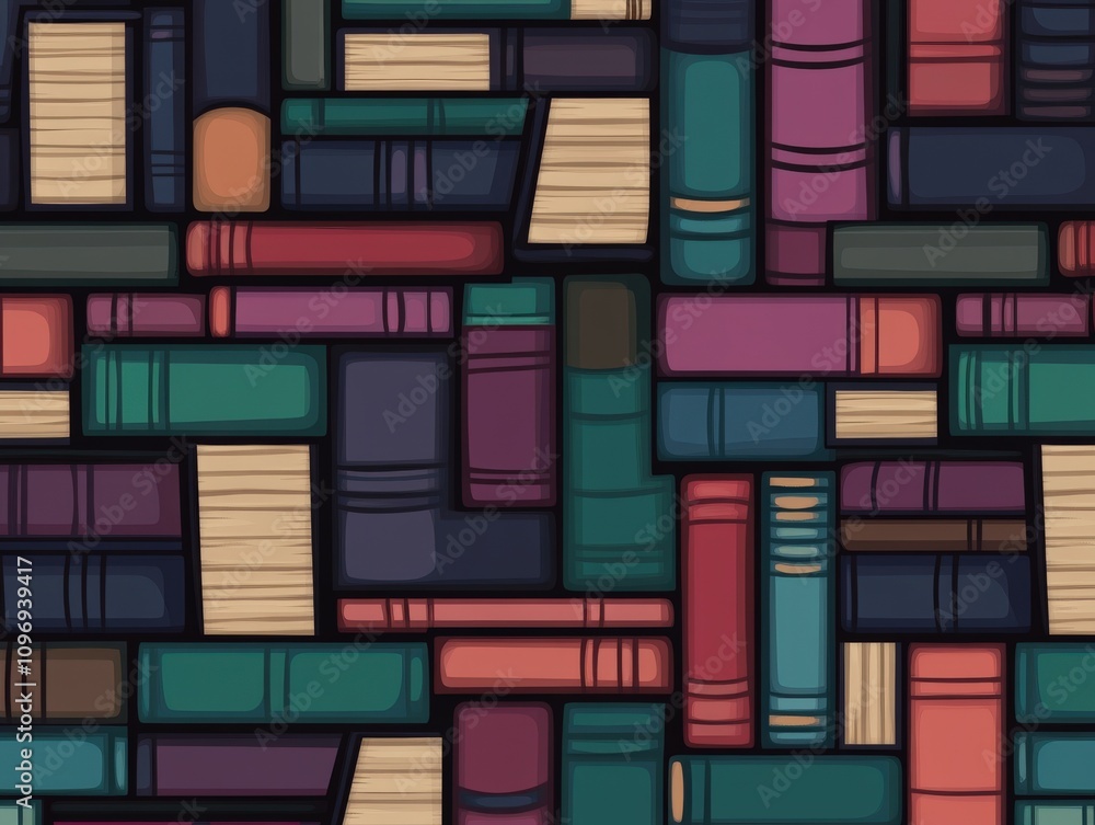 Obraz premium Colorful stacked books create an eye-catching pattern on a shelf