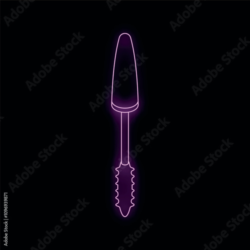 Neon purple mascara brush glowing on black background, beauty and makeup concept