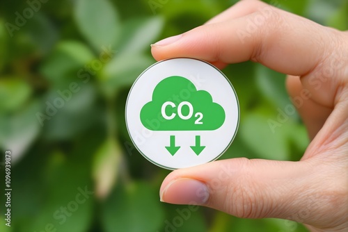 Reduce CO2 Emission Concept. A hand holding a green CO2 emissions symbol, highlighting carbon footprint awareness, net zero goals, and carbon neutrality to address climate change and global warming
