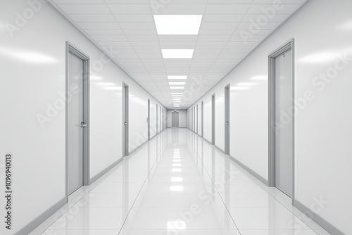 Minimalist White Hallway with Fluorescent Lights - Clean, bright, modern hallway; sterile, clinical, spacious feel; fluorescent lights, white walls, doors.