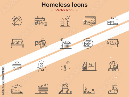Icons illustrating homelessness and social issues in vector style