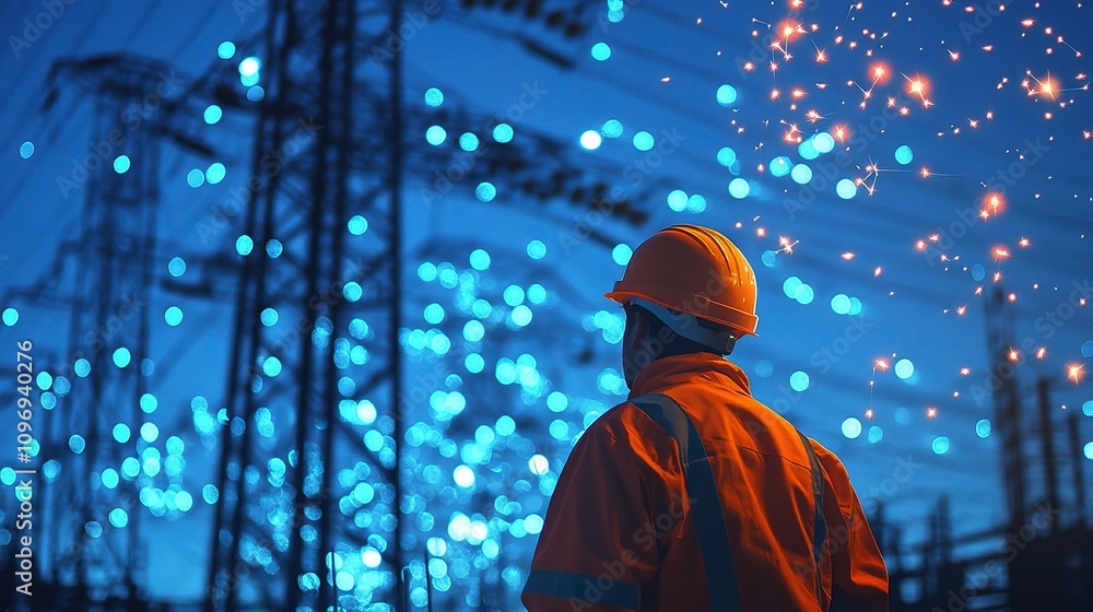 Fototapeta premium Electrical Engineer in Bright Orange Hardhat Observing Power Lines