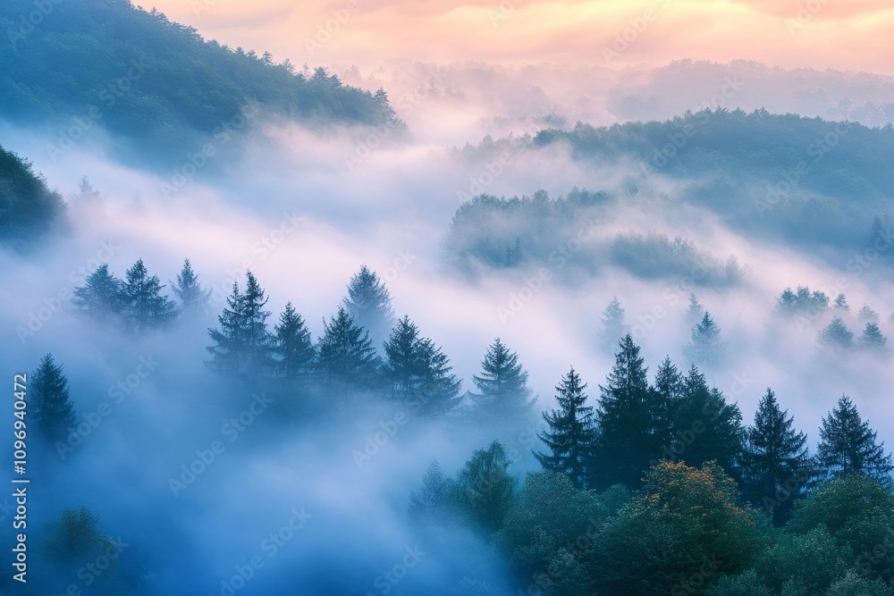 Fototapeta premium Misty Dawn Forest Landscape - Serene foggy forest at dawn, symbolizing mystery, tranquility, peace, nature, and magic.