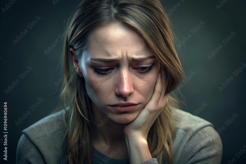 A woman with a sad expression, holding her hand to her face.
A woman with a sad expression, holding her hand to her face.