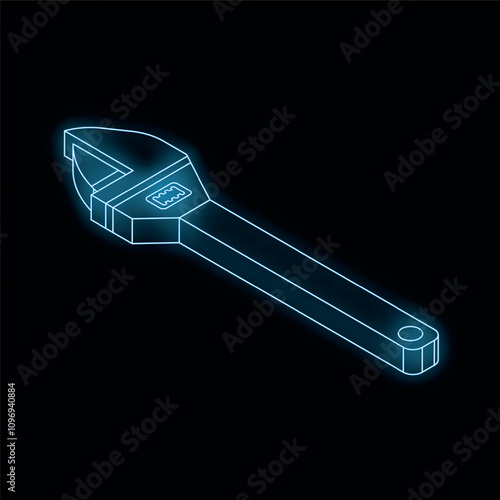 Blue neon outline of an adjustable wrench glowing on dark background, isometric view