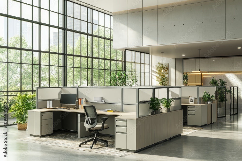Fototapeta premium Modern Open Workspace with Multiple Cubicles - Modern office design, ergonomic cubicles, natural light, plants, collaborative workspace. Productivity, efficiency, and comfort.