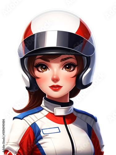 Pretty Stunning Glamorous Female Racing Driver With Dark Hair And Pretty Big Eyes Wearing Racing Dress And Helmet Isolated Background 3D Cartoon Style Illustration High Resolution PNG File