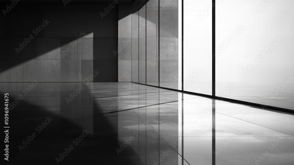 Obraz premium Monochromatic Modern Architecture: Sunlight Illuminates a Minimalist Interior