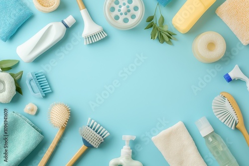 Top view of various cleaning items like scrubbing brushes, detergent bottles, and cleaning cloths, symmetrically arranged on a soft blue background,  photo