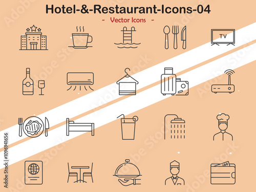 Icons illustrating various hotel and restaurant themes in vector style