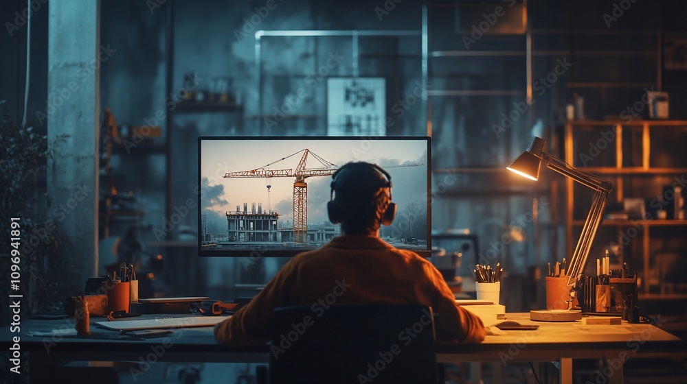 Person wearing headphones, viewing construction site on large monitor in home office at night. Person wearing headphones, viewing construction site on large monitor in home office at night.