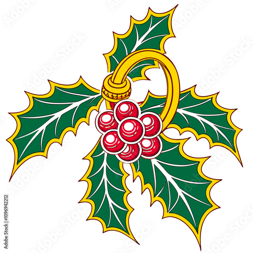 Christmas Holly Berries: Festive Green & Gold Vector Illustration | Holiday Design.