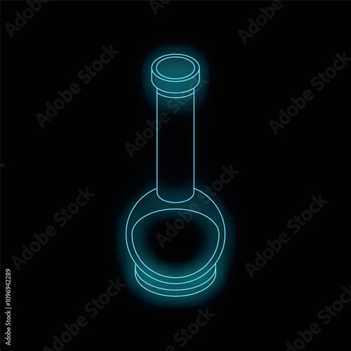 Neon blue outline of a round bottom flask is glowing on a black background