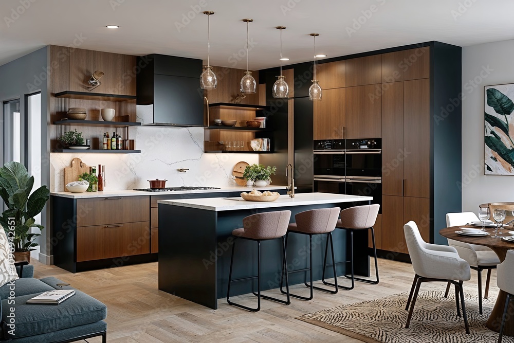 Stylish 3D Layout of a Trendy Open Kitchen Setup with Inviting Interior Design Stylish 3D Layout of a Trendy Open Kitchen Setup with Inviting Interior Design