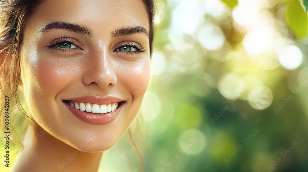 Cheerful Young Woman with Radiant Smile in Natural Setting Cheerful Young Woman with Radiant Smile in Natural Setting