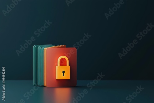 register concept. Registration with secure record storage, glowing padlock and animated file save, 3D illustration