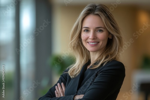 A professional woman smiling confidently in a modern office setting. Free Download A professional woman smiling confidently in a modern office setting. - GFXLoad