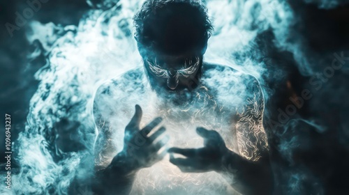 A jinn with glowing tattoos covering its smoky body, emerging from a mystical portal