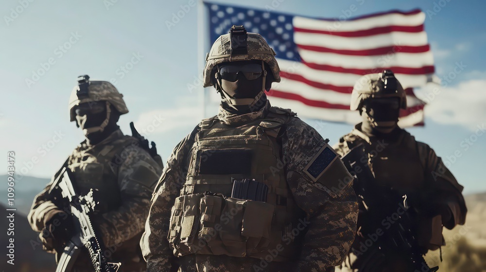 Three soldiers in camouflage uniforms stand in front of an American flag. Three soldiers in camouflage uniforms stand in front of an American flag.