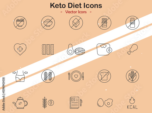 Icons illustrating keto diet and nutrition themes in vector style