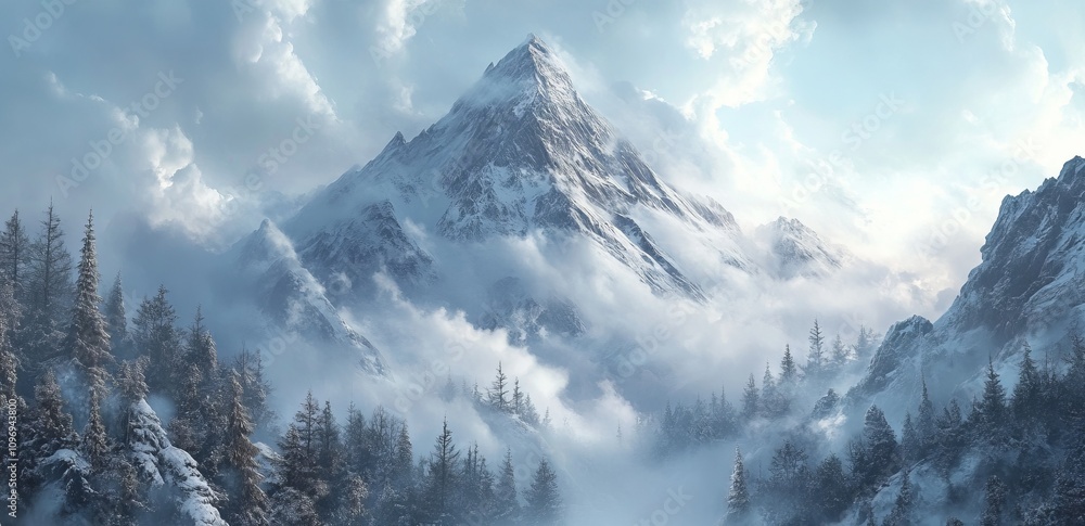 Majestic Mountain Peak Shrouded in Clouds and Mist at Sunrise. AI generated illustration Majestic Mountain Peak Shrouded in Clouds and Mist at Sunrise. AI generated illustration