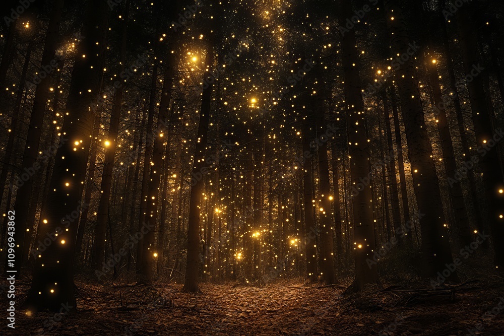 Fototapeta premium Glowing Stars in the Night Sky Over a Winter Forest with Golden Lights. AI generated illustration