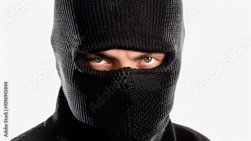 Burglar wearing a balaclava isolated on white.