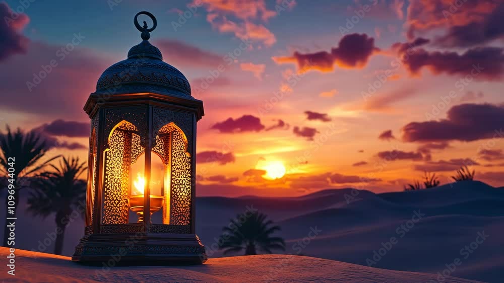 Lantern illuminates desert landscape at sunset with vibrant colors and silhouetted palms in the background Lantern illuminates desert landscape at sunset with vibrant colors and silhouetted palms in the background