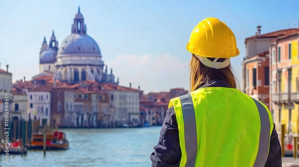 Woman Engineer in Yellow Helmet Overlooking Scenic Venetian Canal Woman Engineer in Yellow Helmet Overlooking Scenic Venetian Canal