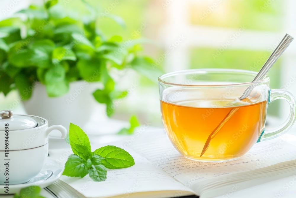 Warm tea served in a white cup, surrounded by fresh blossoms and green foliage, with a notebook nearby, ideal for concepts like tea time, creativity, or peaceful moments Warm tea served in a white cup, surrounded by fresh blossoms and green foliage, with a notebook nearby, ideal for concepts like tea time, creativity, or peaceful moments