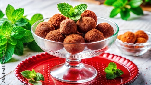 Cocoa beijinhos in glass bowl with fresh mint leaves. photo