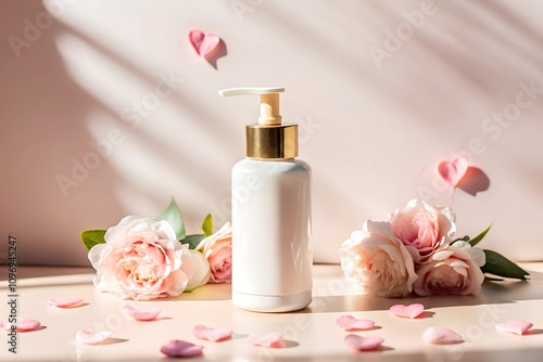 Minimalistic Valentine's mockup featuring a white pump bottle with gold accents, surrounded by pink roses and petals, with hearts in the background, ideal for beauty or gift branding.