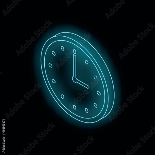 Neon blue clock face glowing on black background showing the concept of time passing